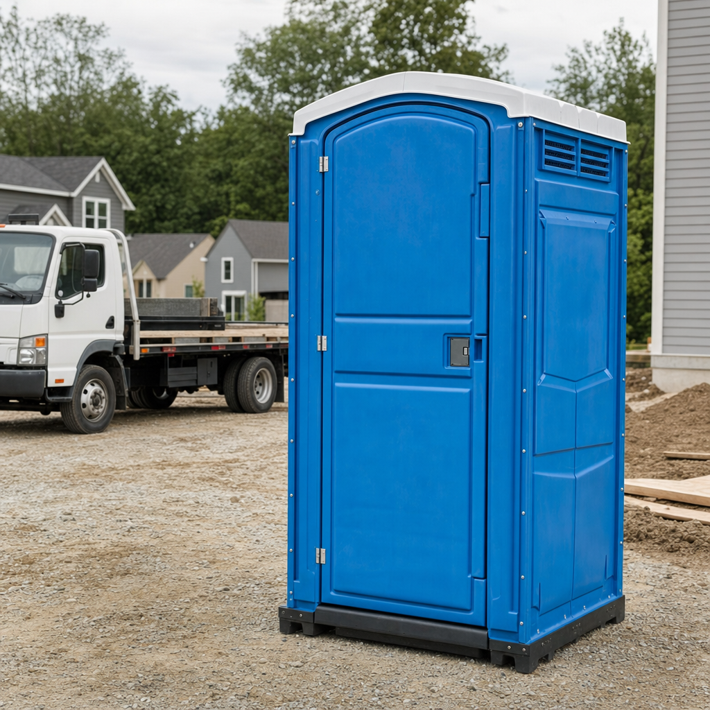 Delivery driver positioning a clean royal-blue portable toilet on level ground at a Mission worksite